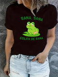 Women's T-Shirt Cartoon Frog With Lighthearted Bandage On Mossy Green Stone Frog