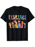 Men's T-Shirt Everyone Is Welcome Here Colorful Hands Raised With Heart Shapes Party Celebration