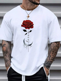 Men's T-Shirt Dripping Ink Crescent Moon With Red Rose Above Leaves Face