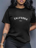 Women's T-Shirt California 1991 Bold Letters On Classic Cotton Black T Shirt