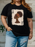 Women's T-Shirt Elegant Playing Card Design Featuring Afro Queen Silhouette Under Artistic Accents