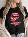 Women's T-Shirt Glowing Pink Lips With Gold Dripping Gloss Surrounded By Black Shadows Mouth
