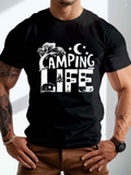 Men's T-Shirt Camping Life Under Night Sky With Trees Campfire And Caravan