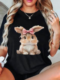 Women's T-Shirt Adorable Fluffy Bunny With Pink Bow Sitting Calmly Rabbit