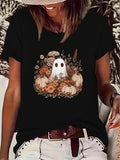 Women's T-Shirt Autumn Harvest With Pumpkins And Wildflowers Featuring A Cute Ghost