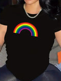 Women's T-Shirt Vivid Colorful Arched Rainbow Over Midnight Black Tee