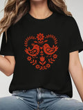 Women's T-Shirt Folk Floral Motif With Delicate Branches And Twin Birds Surrounded By Tulip Blossom Birds