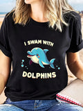 Women's T-Shirt I Swam With Dolphins Playful Cartoon Dolphin With Colorful Bubbles And Smiling Expression Dolphin