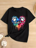Women's T-Shirt Colorful Splatter Heartbeat With Vibrant Pet Paws On Black Shirt
