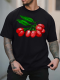 Men's T-Shirt Vibrant Red Cherries With Lush Green Leaves On Black T Shirt Cherry