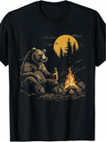 Men's T-Shirt Starry Night Forest Campfire With Bear Holding Drink