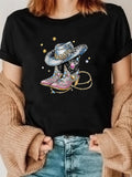 Women's T-Shirt Sparkling Silver Hat With Colorful Accents And Shimmering Pink Cowboy Boots
