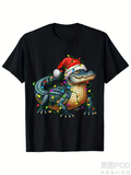 Men's T-Shirt Festive Holiday Lights With Santa Hat Wearing Alligator