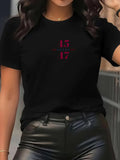 Women's T-Shirt Minimalist Street Look With Tiny Red Letters On Black T Shirt