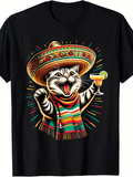 Men's T-Shirt Festive Celebration Cat With Colorful Sombrero Holding Margarita