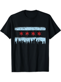 Men's T-Shirt Skyline Silhouette With Blue Stripes And Red Stars Under Cityscape