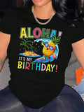 Women's T-Shirt Aloha Surfing Pineapple With Island Palms Colorful Birthday Lettering