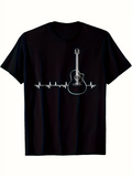 Men's T-Shirt Heartbeat Waveform With Acoustic Guitar Silhouette Centered On Simple Toned Shirt Guitar