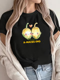 Women's T-Shirt Cute Cartoon Yellow Sweetcorn With Smiling Faces Surrounded By Little Hearts Corn