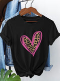 Women's T-Shirt Pink Outlined Heart With Animal Print Pattern Motif Center Heart