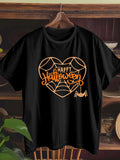 Women's T-Shirt Happy Halloween Orange Web Heart With Playful Small Bat