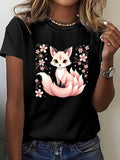 Women's T-Shirt Blooming Pink Flowers Surrounding A Mystical Nine Tailed Fox