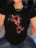 Women's T-Shirt Golden Red Pink Butterfly Cluster In Flight On Black Butterfly