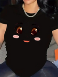 Women's T-Shirt Smiling Cartoon Eyes And Cheeks On Solid Black Shirt