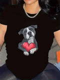 Women's T-Shirt Joyful Companion Dog With Red Heart Illustration On Black Shirt