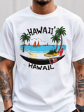 Men's T-Shirt Hawaii Beach With Colorful Sailboats Under Palm Trees Canoe