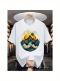 Men's T-Shirt Golden Sun Over Misty Blue Peaks Surrounded By Abstract Circular Mountains