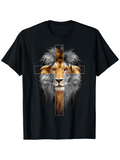 Men's T-Shirt Majestic Lion Face With Glowing Mane Framed By A Cross Lion