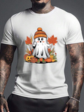 Men's T-Shirt Adorable Autumn Ghost Among Pumpkins And Falling Maple Leaves Ghost