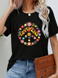 Women's T-Shirt Love Peace Multicolored Flowers With Retro Symbols Peace Sign