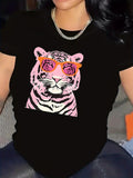 Women's T-Shirt Bold Graphic Pink Accents On Playful Sunglasses Wearing Tiger