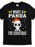 Men's T-Shirt I Want A Panda For Christmas With Stars Snowflakes And Santa Hat Panda