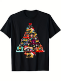 Men's T-Shirt Festive Cats With Snowflakes Among Vintage Cars In Christmas Tree Shape