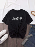 Women's T-Shirt Handwritten White Script With Heart Charm On Black Fabric Auntie