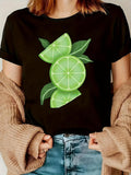 Women's T-Shirt Vivid Citrus Green Slices With Fresh Leaves On Black T Shirt Lime