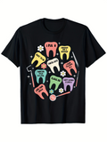 Men's T-Shirt Funny Dental Tools With Colorful Cartoon Teeth Surrounded By Flowers