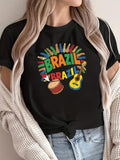 Women's T-Shirt Brazil Text With Carnival Colors Around Drum And Guitar