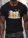 Men's T-Shirt Frosty Holiday Beer Mugs With Santa Hat And Reindeer Antlers