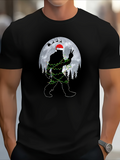 Men's T-Shirt Santa Hat Peace Gesture Bigfoot Among Pine Trees Full Moon