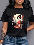 Women's T-Shirt Elegant Red Kimono Lady Among Blossoms Under Full Moon Geisha