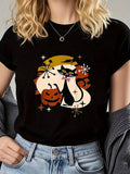 Women's T-Shirt Retro Halloween Moon With Pumpkin And Magical Black Cat