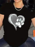 Women's T-Shirt Silver Metallic Heart With Shiny Reflections And Dog Paw Print Symbol