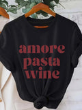 Women's T-Shirt Amore Pasta Wine Bold Red Letters On Black Cotton Tee