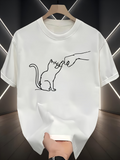 Men's T-Shirt Minimalist Outline Cat Reaching Toward Gentle Outstretched Human Hand