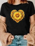 Women's T-Shirt Radiant Sunlight Blossoming Heart Shape With Lively Golden Sunflowers