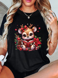 Women's T-Shirt Festive Winter Holiday Surroundings With Pinecones Flowers Sweet Little Deer